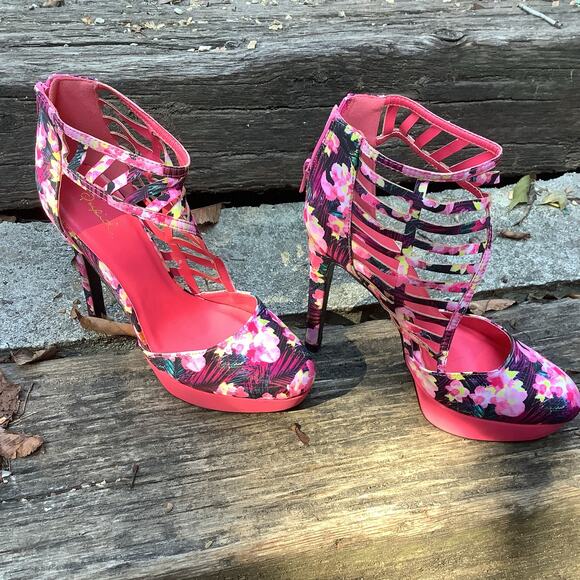 Qupid Pink & Black Floral Stiletto Platform Heels  Size 9 Caged Design 5.5" Heel - Picture 1 of 7